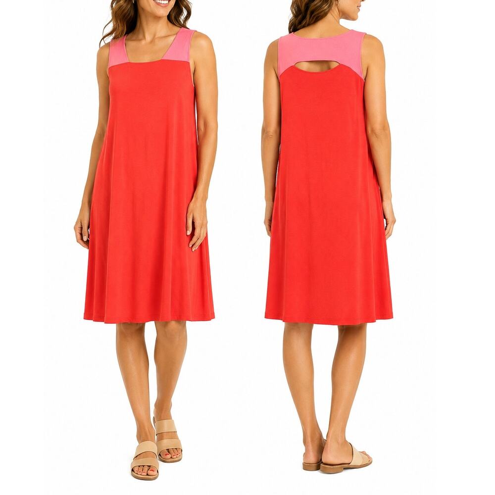 Eileen Fisher Jersey Knit Shift Dress Orange Pink Colorblock NWT Large
